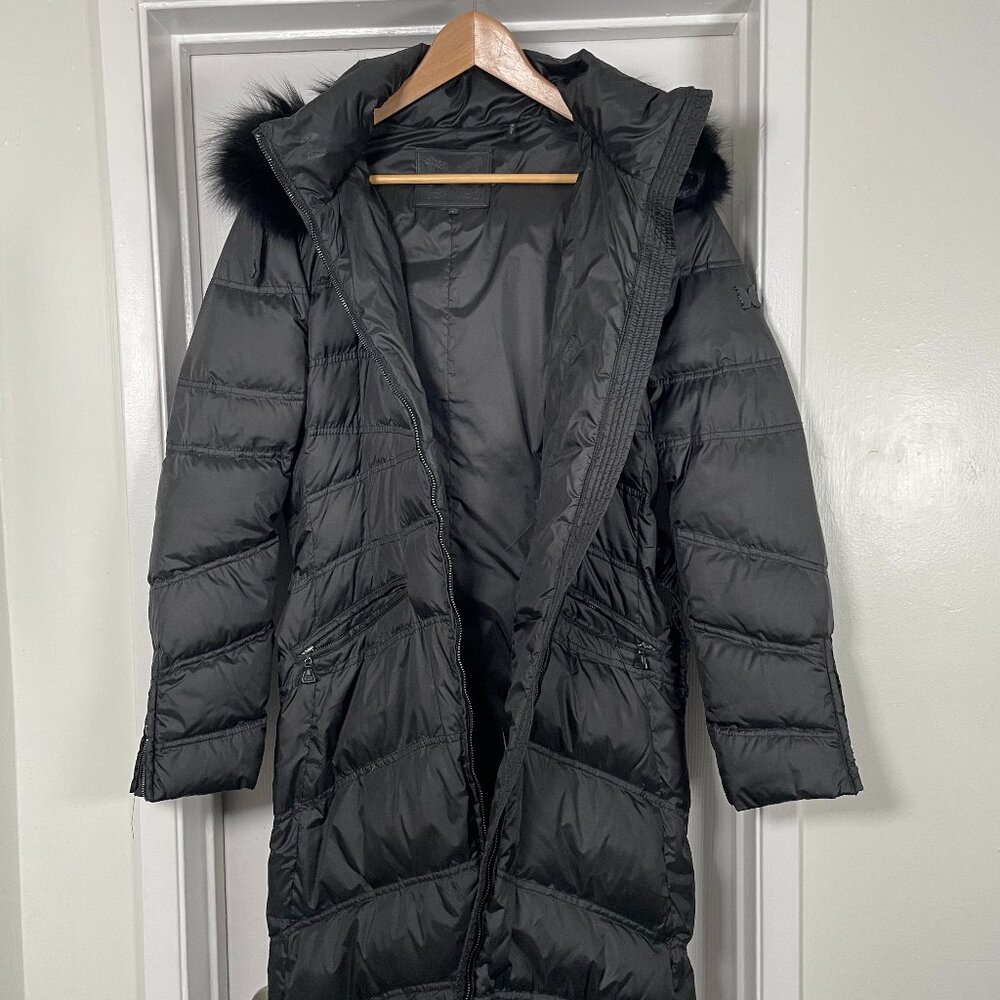 Belted Black Dawn Levy Down Puffer Coat with Fur-trimmed hood, Large